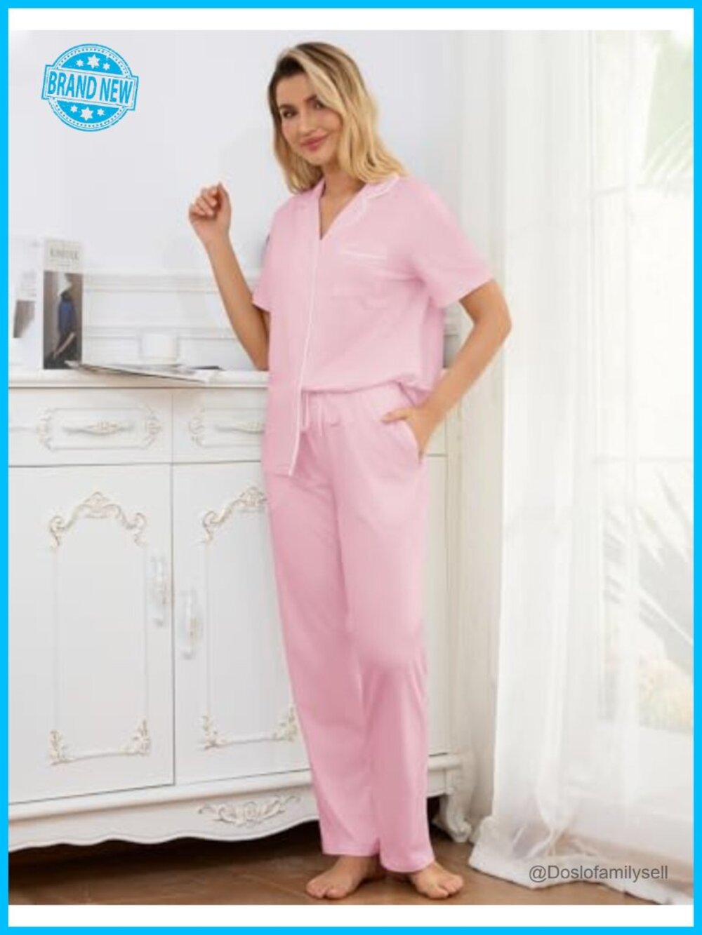 4 Piece Soft Pajama Set Short Sleeve Button Down Top Pants Cami Ruffle Shorts - Picture 5 of 6